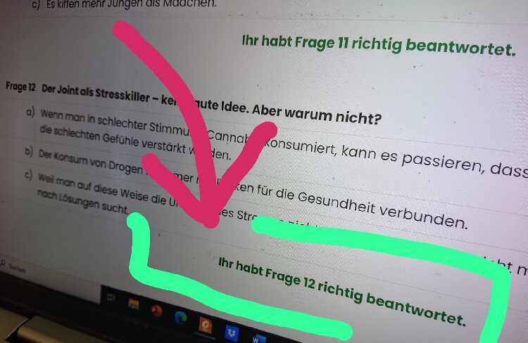 Man sieht die Anzeige des Quizzes und dass wir alle 12 Fragen richtig beantwortet haben.